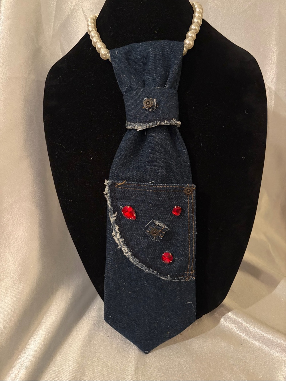 Denim Necklace Tie with Red Gem Accents - Women's Accessories